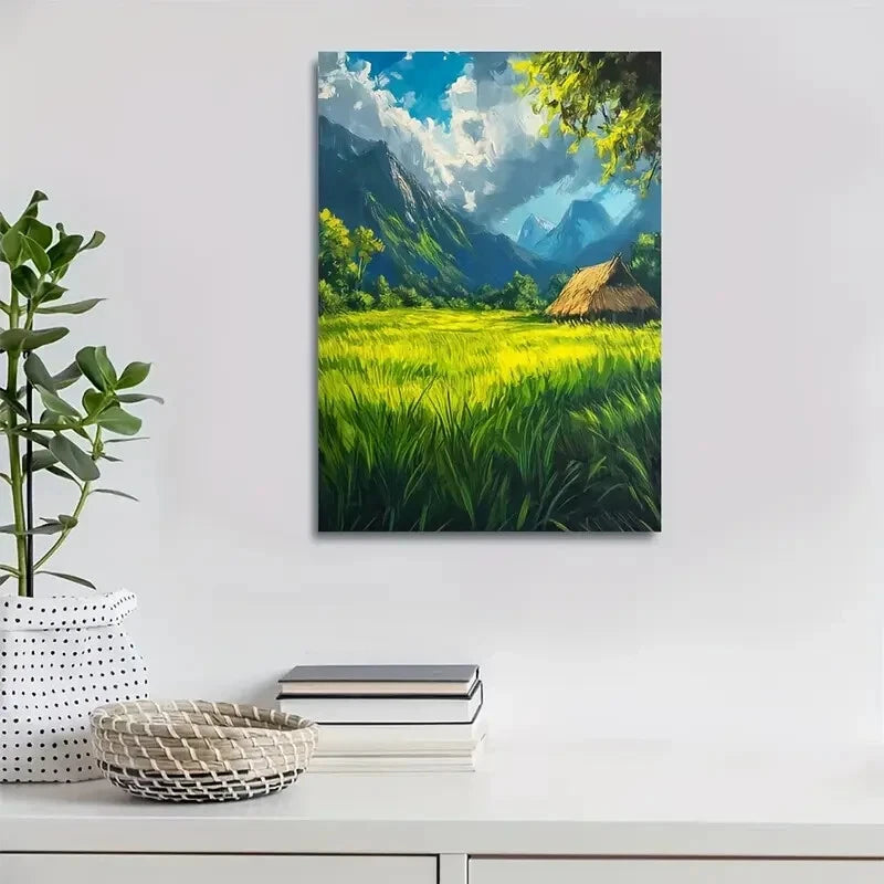 Vibrant Emerald Grassland with Thatched House Painting 40x60cm Metal Print Ready to Hang - Bella Home Decor