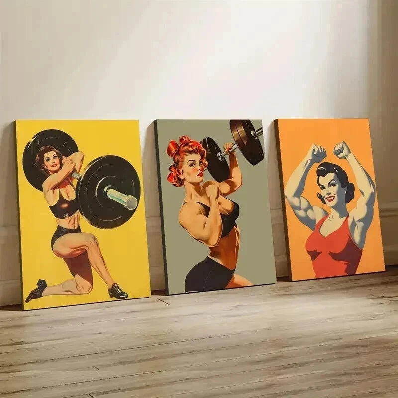 3pcs Vintage Gym Female Weightlifter Perfect Wall Art Set Canvas Framed 60x90cm - High Quality Print 100% Australian Made Wall Canvas Ready to Hang - Bella Home Decor