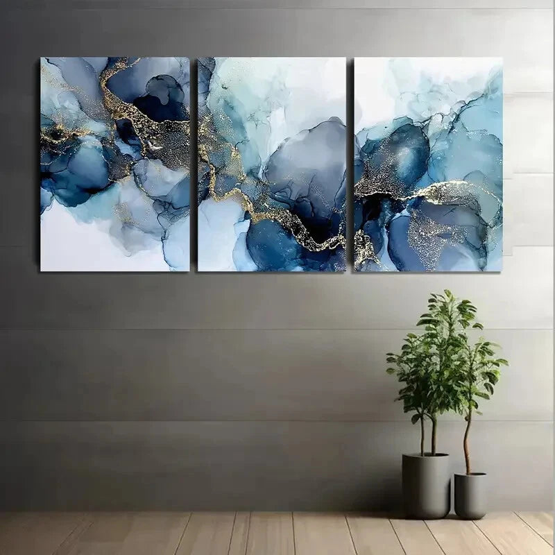 3pcs Abstract Blue and White Golden Leaf Metal Print Ready to Hang Art - Bella Home Decor