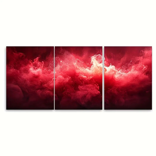 3pcs Crimson Red Ink Water Abstract Metal Print Ready to Hang Art