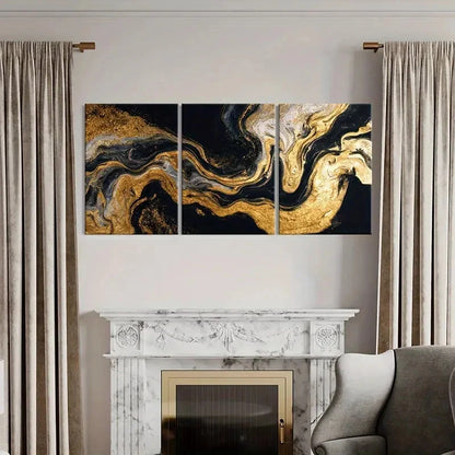 3pcs Black White Abstract Golden Swirls Art  Wall Art Set Canvas Framed 60x90cm - High Quality Print 100% Australian Made Wall Canvas Ready to Hang - Bella Home Decor