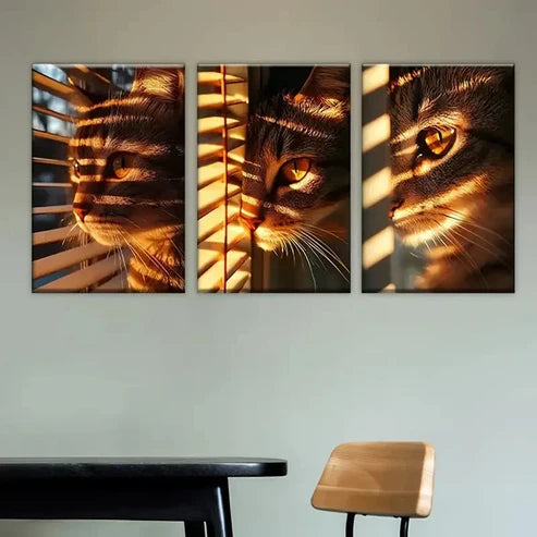 3pcs The Cat is Looking Out the Window   Wall Art Set Canvas Unframed - High Quality Print 100% Australian Made Wall Canvas - Bella Home Decor