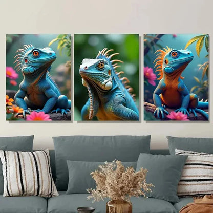 3pcs Vibrant Blue Iguana Nature Scene Flowers Wall Art Set Canvas Unframed - High Quality Print 100% Australian Made Wall Canvas