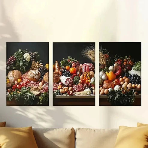 3pcs Table Full of Food, Artist Drawing Wall Art Canvas Unframed – High Quality Print 100% Australian Made Wall Canvas