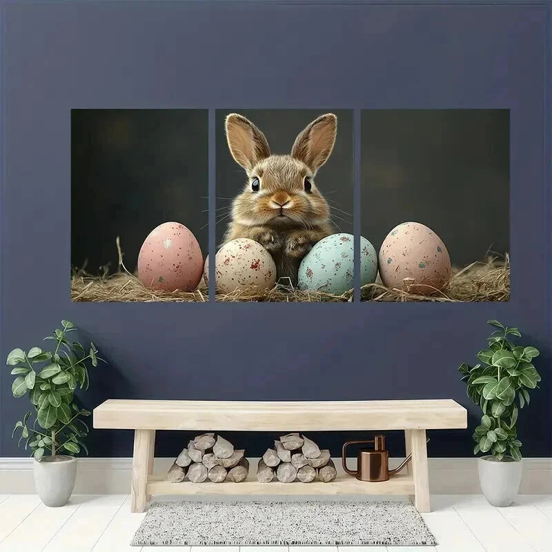 3pcs Black Retro Easter Bunny Pastel Perfect Wall Art Set Canvas Framed 50x70cm - High Quality Print 100% Australian Made Wall Canvas Ready to Hang - Bella Home Decor
