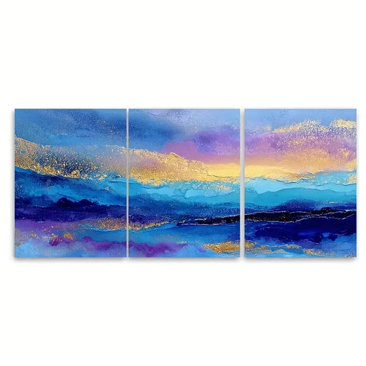 3pcs Golden Ocean Abstract Painting Wall Art Set Canvas Framed 50x70cm - High Quality Print 100% Australian Made Wall Canvas Ready to Hang