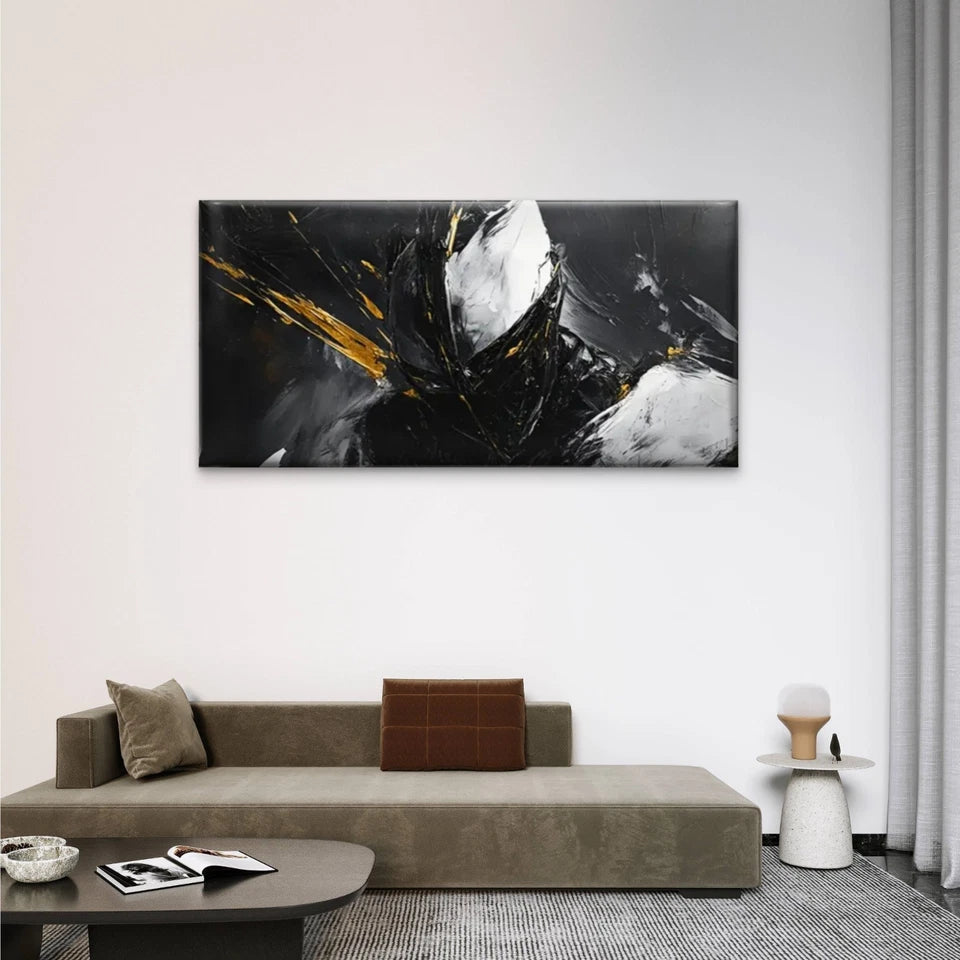 Dynamic Black White & Golden Wall Art Canvas Office Home Room Framed 120x60cm