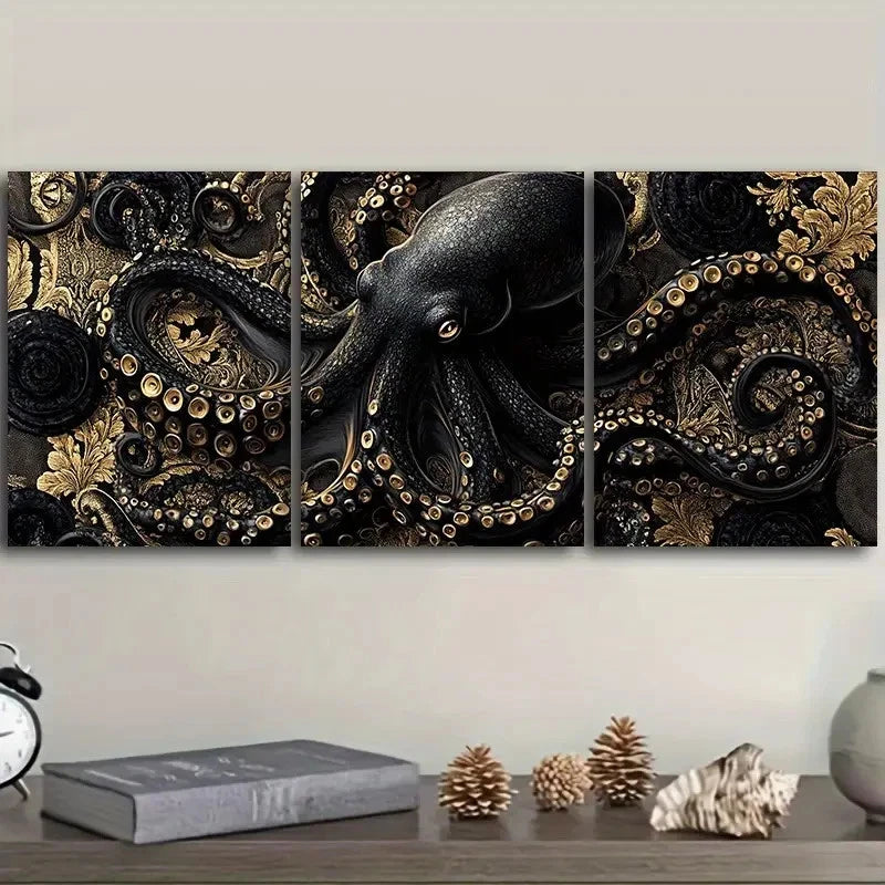 3pcs An Ornate Black And Gold Octopus Painting  Wall Art Set Canvas Framed 50x70cm - High Quality Print 100% Australian Made Wall Canvas Ready to Hang - Bella Home Decor