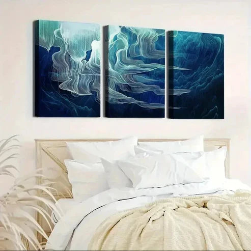 3pcs Abstract Blue & White Ocean Wave Art Set Canvas Unframed - High Quality Print 100% Australian Made Wall Canvas - Bella Home Decor