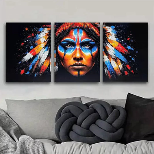 3pcs Native American Figure Feather Headdress Wall Art Set Canvas Framed 50x70cm - High Quality Print 100% Australian Made Wall Canvas Ready to Hang