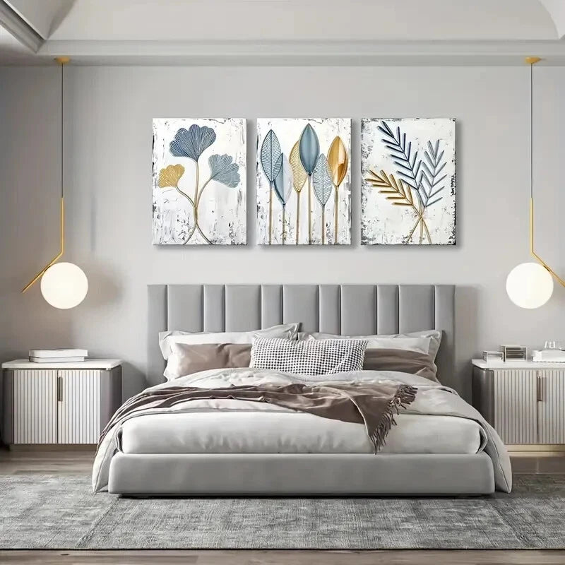 3pcs Marble Leaf Pattern Painting Metal Print Ready to Hang Art - Bella Home Decor