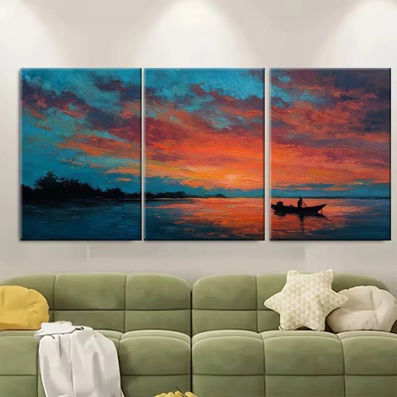 3pcs Vibrant Sky & Water Scene with Two Boats Metal Print Ready to Hang Art