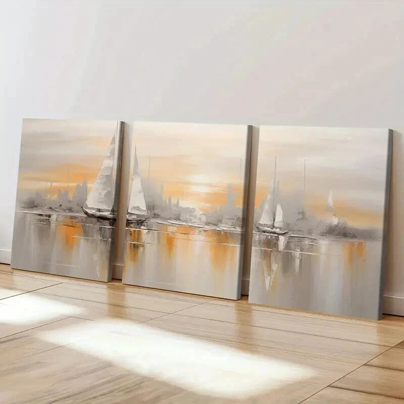 3pcs Abstract Golden Hour Sailing Ships Wall Art Set Canvas Framed 50x70cm - High Quality Print 100% Australian Made Wall Canvas Ready to Hang - Bella Home Decor