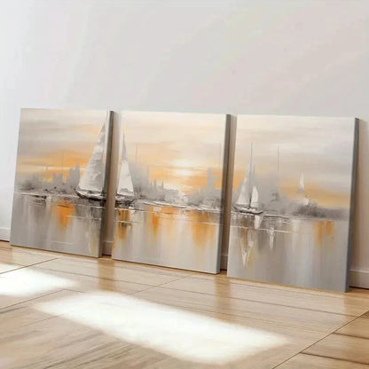3pcs Abstract Golden Hour Sailing Ships Wall Art Set Canvas Framed 50x70cm - High Quality Print 100% Australian Made Wall Canvas Ready to Hang - Bella Home Decor