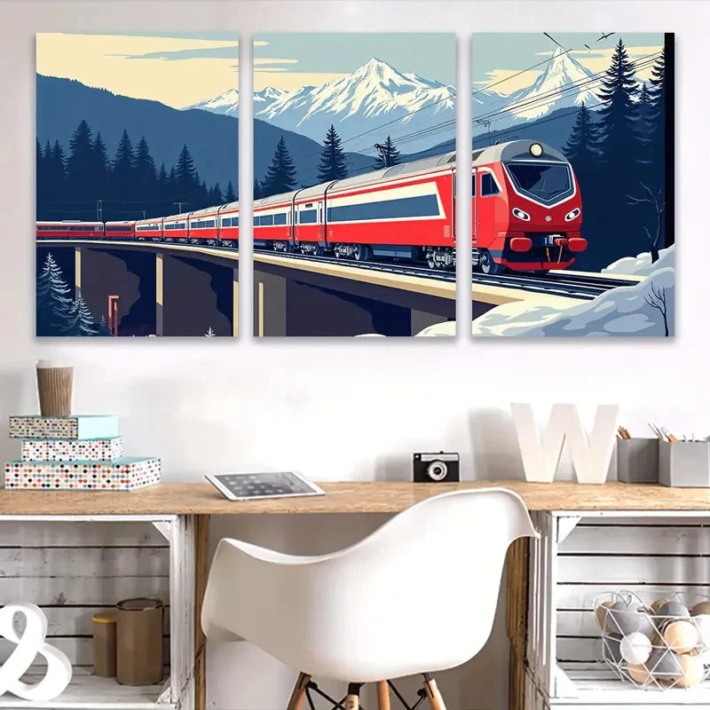 3pcs Red Train Through Snowy Mountains Wall Art Set Canvas Framed 60x90cm - High Quality Print 100% Australian Made Wall Canvas Ready to Hang