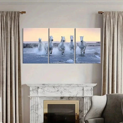 3pcs White Horses Running on the Beach Wall Art Set Canvas Framed 60x90cm - High Quality Print 100% Australian Made Wall Canvas Ready to Hang