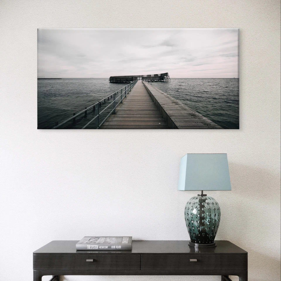 Wooden Pier Over Ocean Neutral Muted Wall Art Canvas Office Home Framed 120x60cm