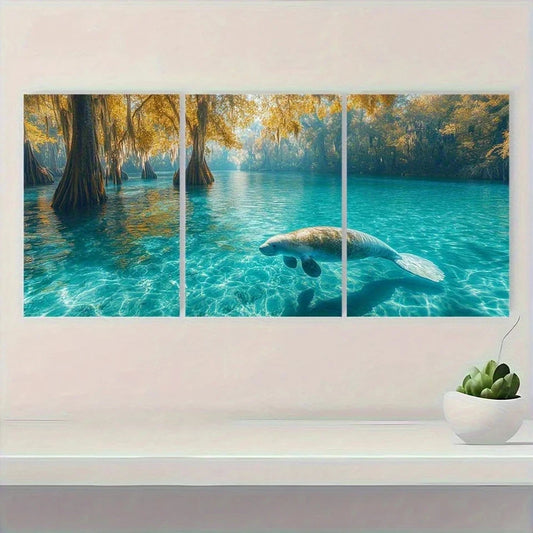 3pcs Serene Manatee Crystal Clear Waters Wall Art Set Canvas Framed 50x70cm - High Quality Print 100% Australian Made Wall Canvas Ready to Hang