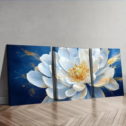 3pcs White Flower on Blue Background Wall Art Canvas Unframed - High Quality Print 100% Australian Made Wall Canvas