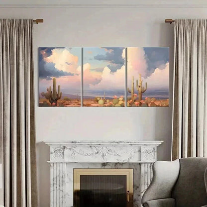 3pcs Desert Landscape Cactus Plants & Cloudy Sky Metal Print Ready to Hang Art - Bella Home Decor