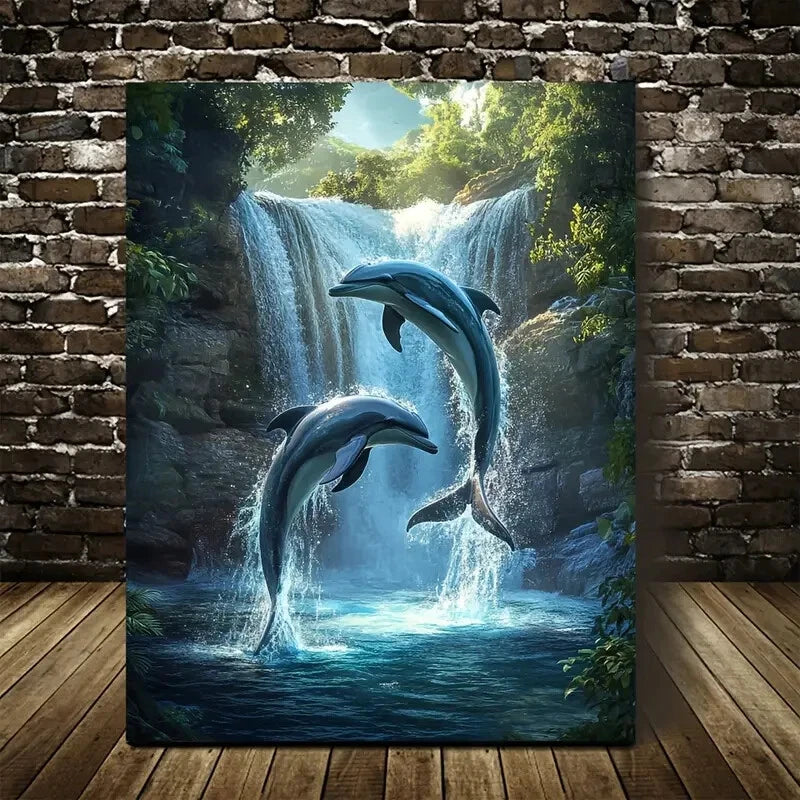 Photorealistic Dolphin Play Scene Near Painting 40x60cm Metal Print Ready to Hang - Bella Home Decor