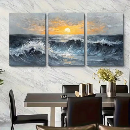 3pcs Gray Ocean Wave Painting Metal Print Ready to Hang Art