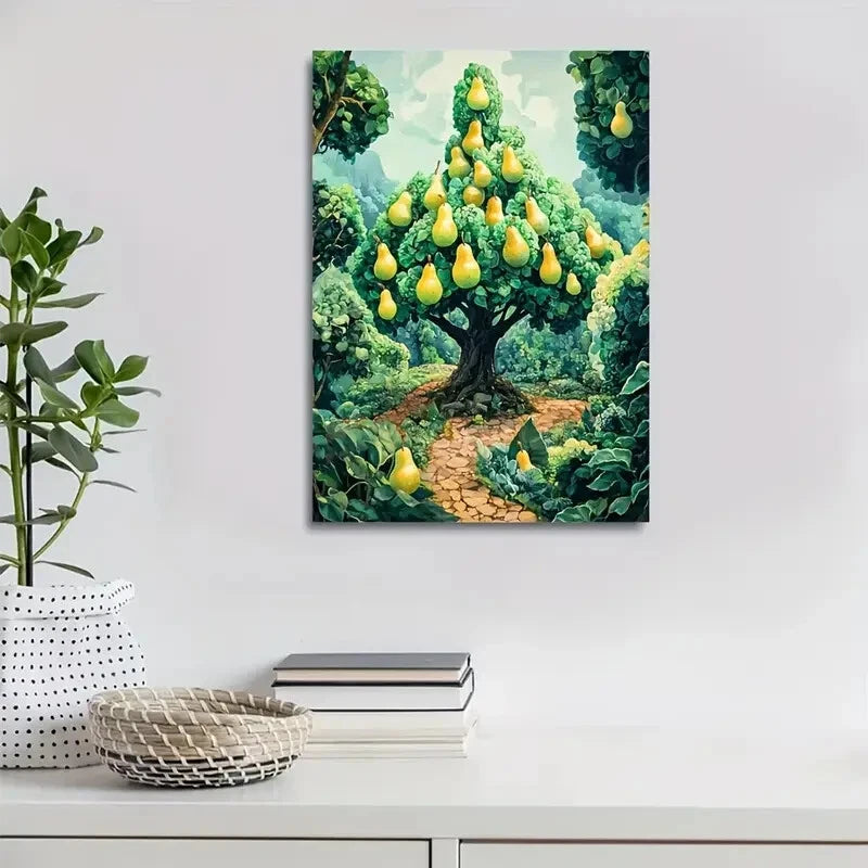 Vibrant Pear Tree Forest Foliage & Fruit Painting 40x60cm Metal Print Ready to Hang - Bella Home Decor