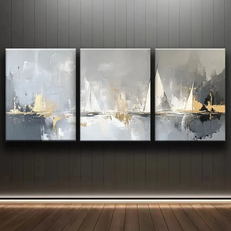 3pcs Sailboats On The Water Abstract Wall Art Set Canvas Framed 40x60cm - High Quality Print 100% Australian Made Wall Canvas Ready to Hang