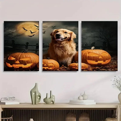 3pcs Pumpkin Surrounding Golden Retriever Wall Art Set Canvas Framed 40x60cm - High Quality Print 100% Australian Made Wall Canvas Ready to Hang - Bella Home Decor