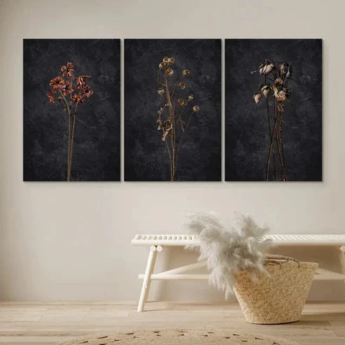 3pcs Dark Dried Wildflower Floral Botanical Wall Art Set Canvas Unframed - High Quality Print 100% Australian Made Wall Canvas
