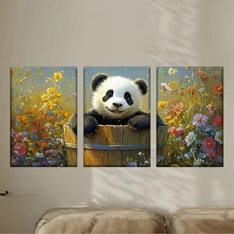3pcs a Panda Bear Perched on a Wooden Barrel Wall Art Set Canvas Framed 60x90cm - High Quality Print 100% Australian Made Wall Canvas Ready to Hang - Bella Home Decor
