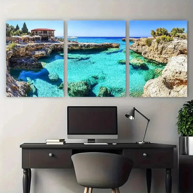3pcs Cypriot Travel Nature Blue Perfect Wall Art Set Canvas Framed 50x70cm - High Quality Print 100% Australian Made Wall Canvas Ready to Hang - Bella Home Decor