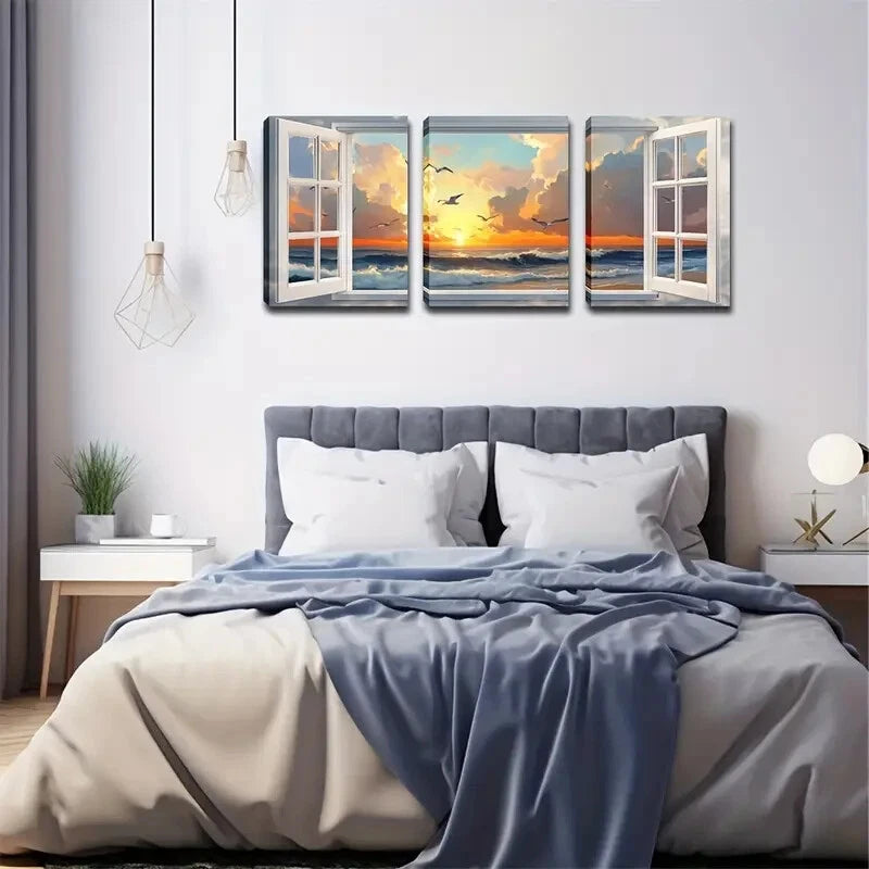 3pcs Serene Ocean & Sky Scene With Warm Perfect Wall Art Set Canvas Framed 60x90cm - High Quality Print 100% Australian Made Wall Canvas Ready to Hang - Bella Home Decor