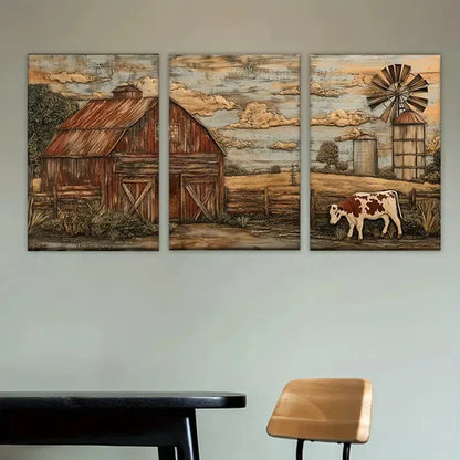 3pcs a painting of a cow and a barn Wall Art Set Canvas Unframed - High Quality Print 100% Australian Made Wall Canvas