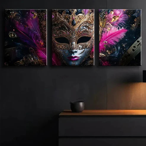 3pcs Gorgeous Venetian Masks Dark Perfect Wall Art Canvas Unframed - High Quality Print 100% Australian Made Wall Canvas - Bella Home Decor