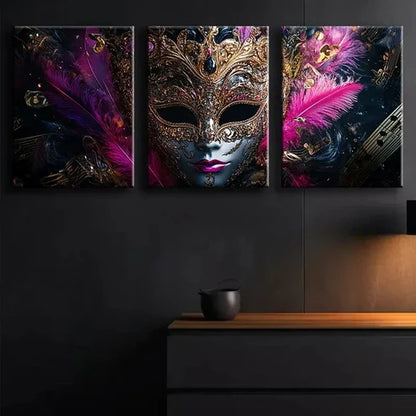 3pcs Gorgeous Venetian Masks Dark Perfect Wall Art Canvas Unframed - High Quality Print 100% Australian Made Wall Canvas - Bella Home Decor