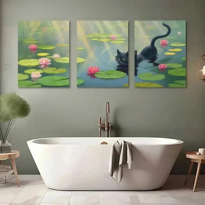 3pcs Black Cat, Water Lilies Wall Art Canvas Unframed - High Quality Print 100% Australian Made Wall Canvas - Bella Home Decor