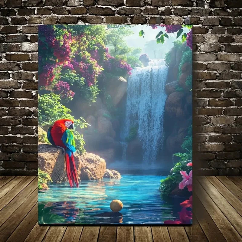 Parrot Playing with Ball Near Crystal Painting 40x60cm Metal Print Ready to Hang - Bella Home Decor