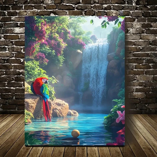 Parrot Playing with Ball Near Crystal Painting 40x60cm Metal Print Ready to Hang - Bella Home Decor