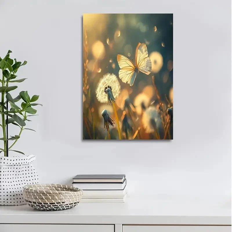 Beautiful Serene Dandelion & Butterfly Painting 40x60cm Metal Print Ready to Hang