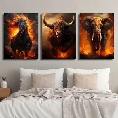 3pcs Running Hell Demon Horse Bull Elephant Wall Art Set Canvas Unframed - High Quality Print 100% Australian Made Wall Canvas