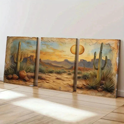 3pcs Desert Landscape Cactus Mountains Sunset Wall Art Set Canvas Framed 50x70cm - High Quality Print 100% Australian Made Wall Canvas Ready to Hang - Bella Home Decor