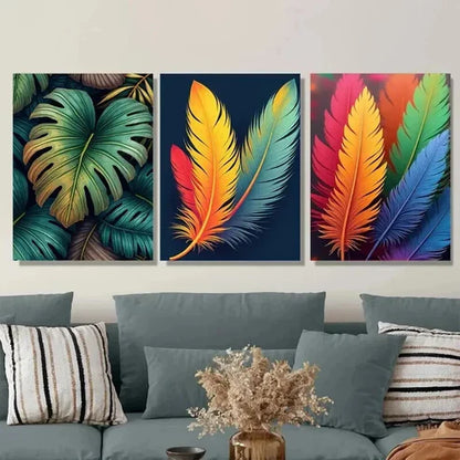3pcs Colorful Feather and Tropical Leaf Wall Art Set Canvas Unframed - High Quality Print 100% Australian Made Wall Canvas - Bella Home Decor