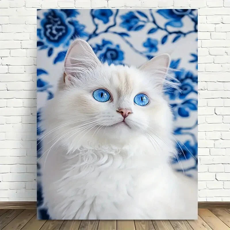 Beautiful Elegant Blue Eyed Cat Painting 40x60cm Metal Print Ready to Hang - Bella Home Decor