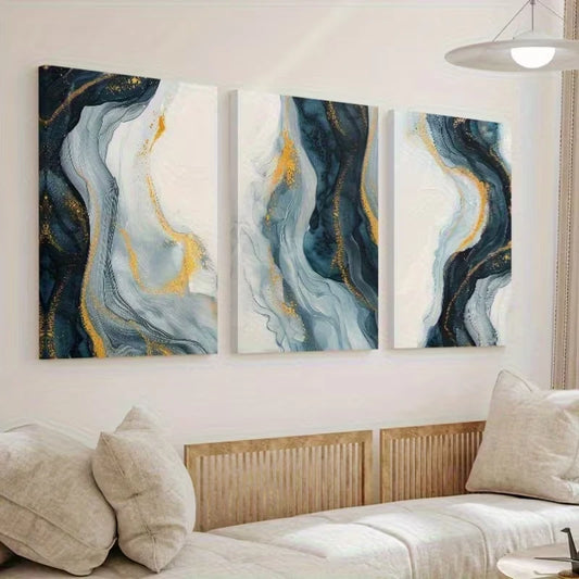 3pcs Abstract Golden and Blue Wavy Lines Wall Art Set Canvas Framed 60x90cm - High Quality Print 100% Australian Made Wall Canvas Ready to Hang