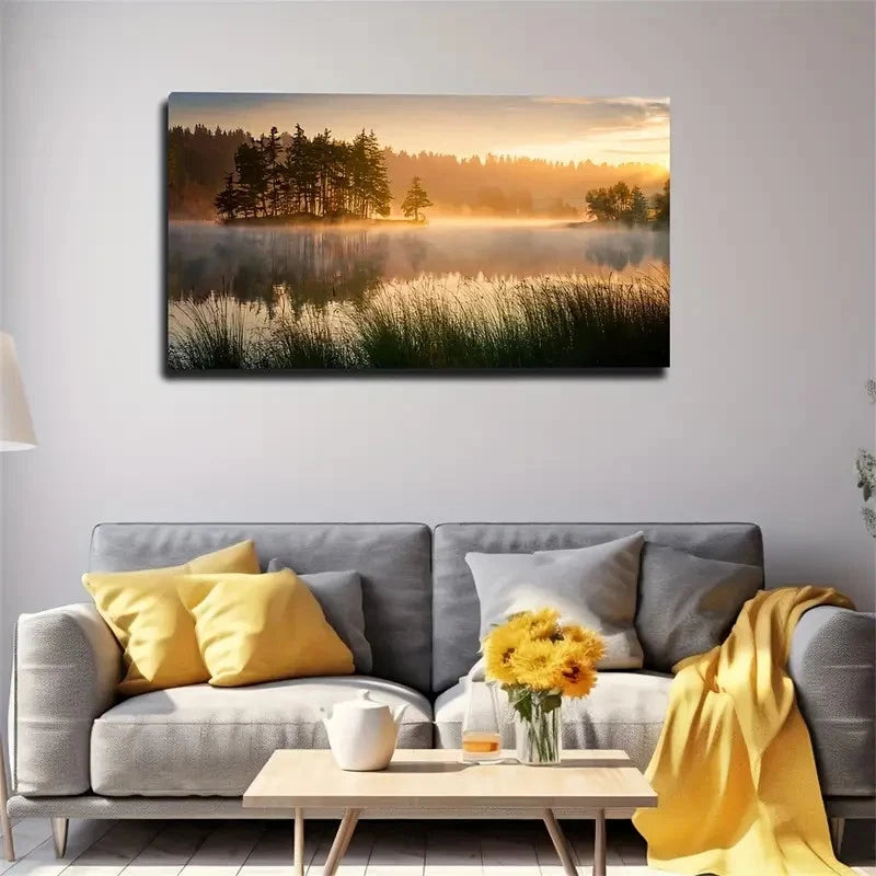 Tranquil Lake & Sunset Scene Wall Art Canvas Office Home Room Framed 120x60cm