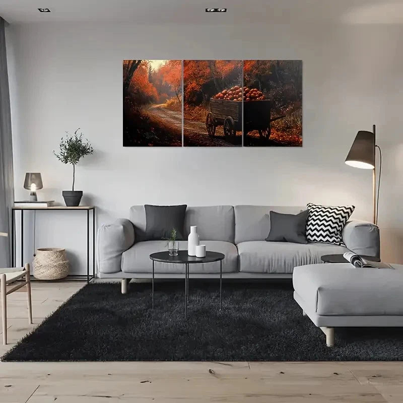 3pcs Autumn Harvest Rustic Apple Cart Scene Metal Print Ready to Hang Art