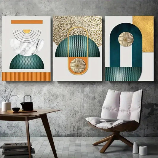 3pcs Minimalist Teal and Golden Wall Art Set Canvas Framed 60x90cm - High Quality Print 100% Australian Made Wall Canvas Ready to Hang