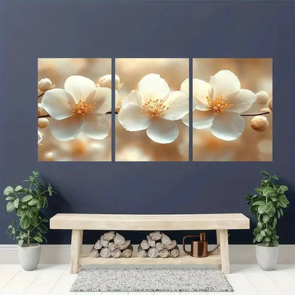 3pcs Serene Elegant White Flower Prints Metal Print Ready to Hang Art - Bella Home Decor