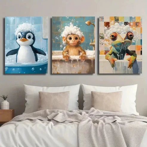 3pcs Cute Penguin Monkey Chameleon in Bathtub Wall Art Set Canvas Unframed - High Quality Print 100% Australian Made Wall Canvas - Bella Home Decor